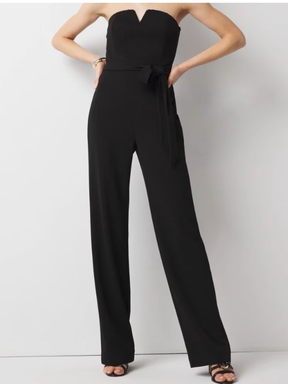 White House Black Market Strapless belted Black wide leg Jumpsuit Sz 10 New
